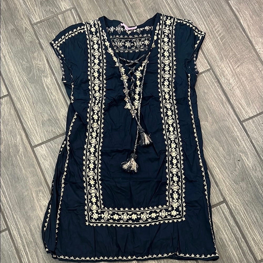 Calypso St. Barth Navy Dress with Gold Embroidery